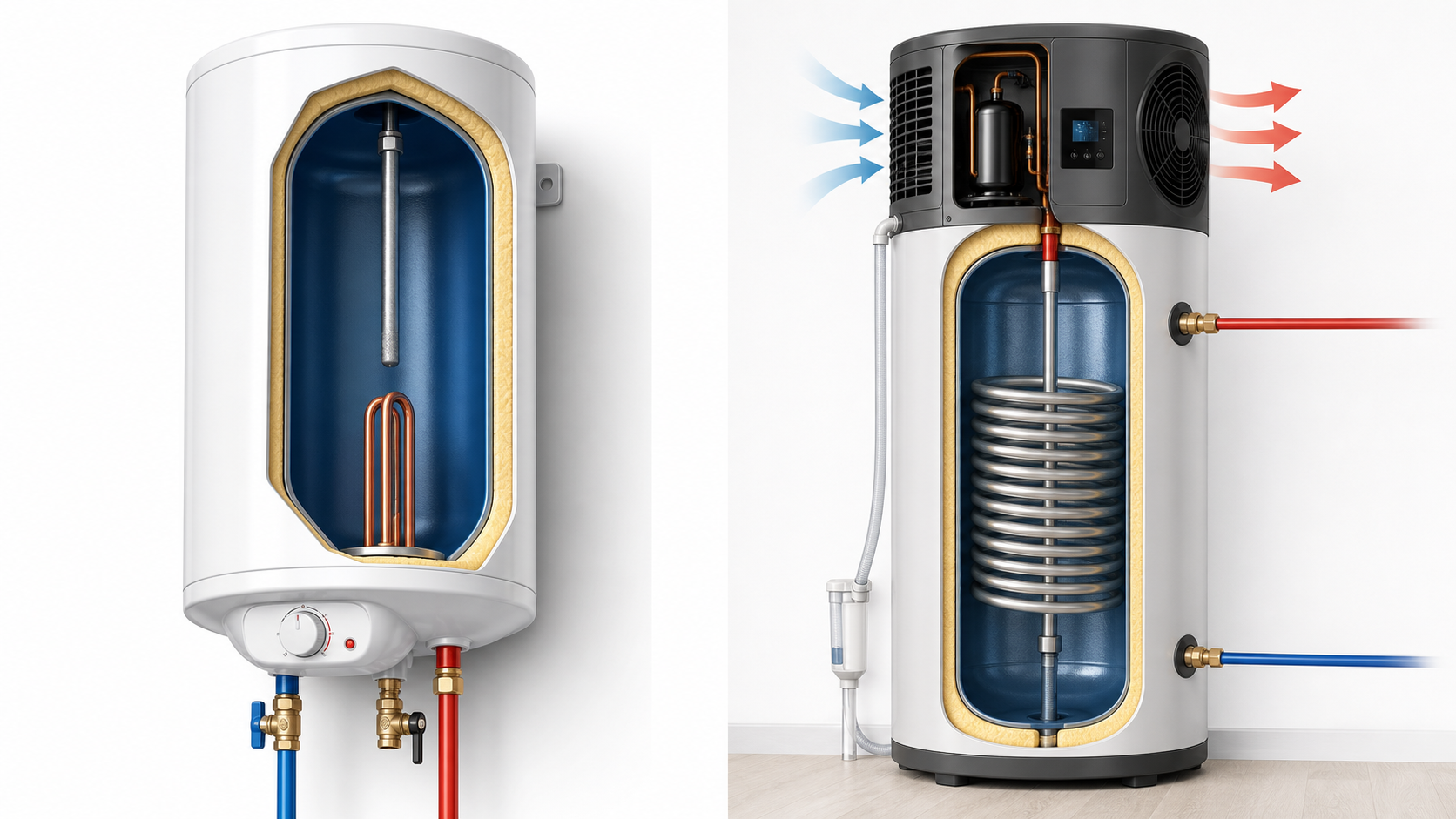 Illustrazione di boiler ad accumulo e pompa di calore per acqua calda sanitaria